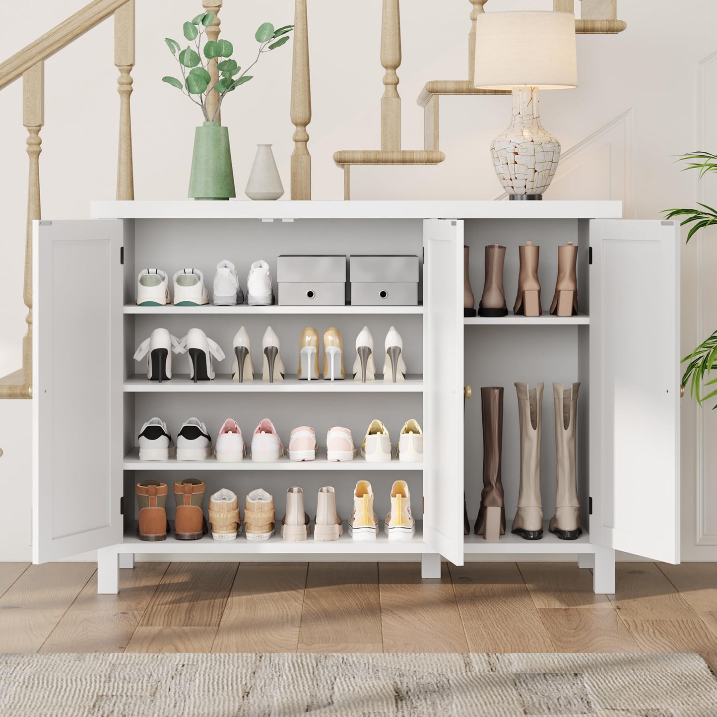 GarveeHome Farmhouse Shoe Cabinet for Entryway with 3 Barn Doors & Wood Legs, 7-Tier Shoe Storage Cabinet with 2 Adjustable Shelves, Tall Shoe Rack Organizer for Closet, Hallway, White