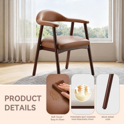 MALOL Leather Dining Chair with Armrest Set of 6, Upholstered Dining Room Chair with Curved Back and Wood Legs, Mid Century Modern Kitchen Chairs for Kitchen Dining Room