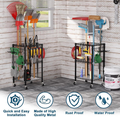 **T1 Garden Tool Organizer - Heavy Duty Freestanding Storage with Lockable Wheels | Holds Up to 50 Tools, Black**