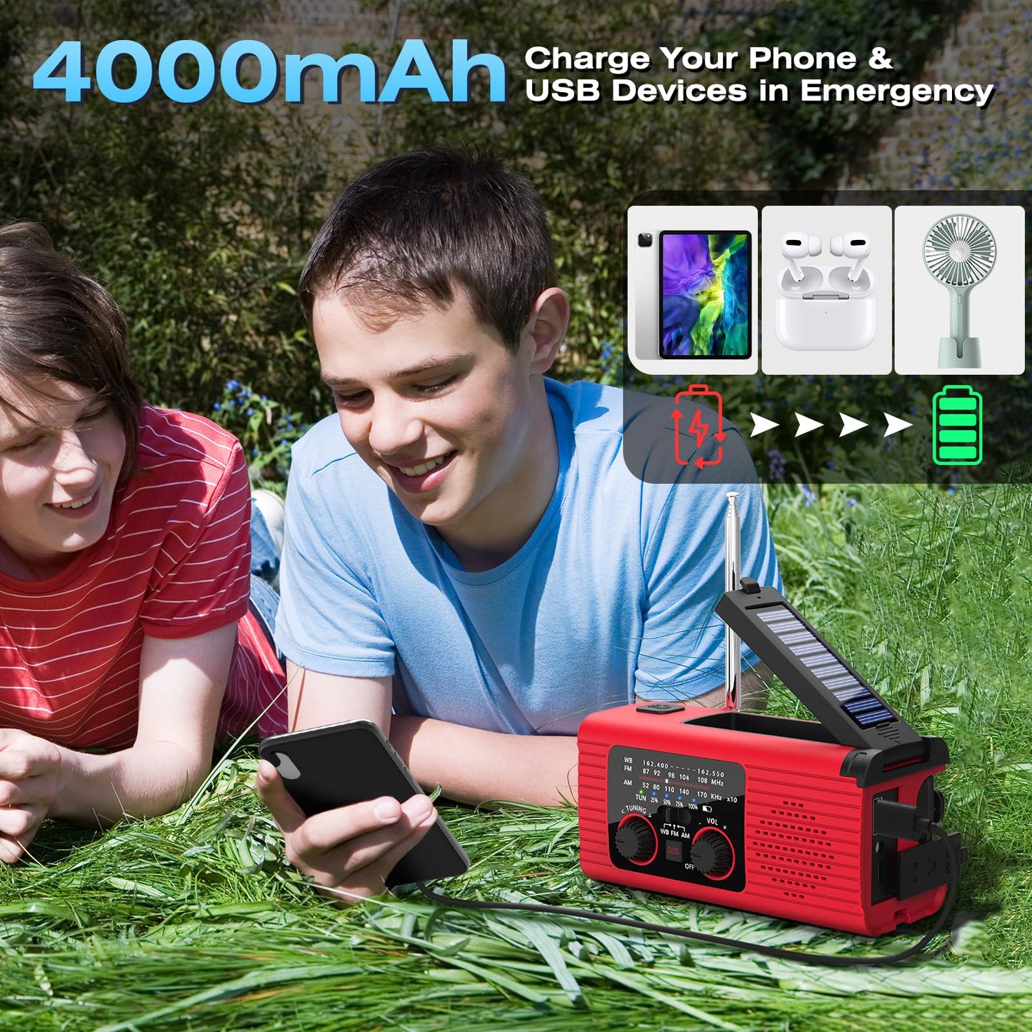 NITIGO Emergency Weather Radio, 4000mAh NOAA Weather Alert Radio Solar Charging, Hand Crank & USB Charged, AM/FM with LED Flashlight, Reading Lamp, SOS Alarm, Headphone Jack for Outdoor Indoor