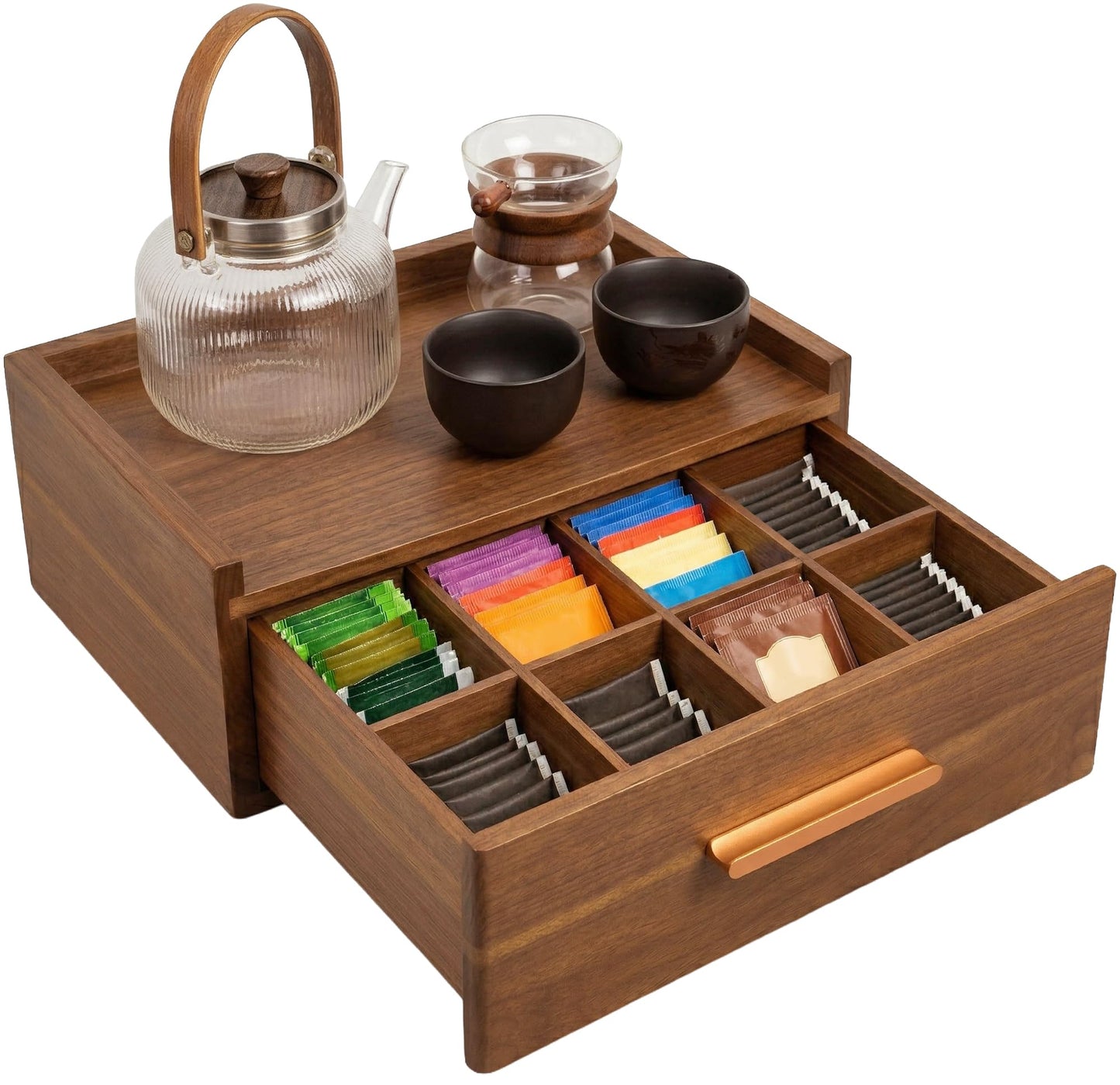 Tea Bag Organizer Drawer | Acacia Wooden Tea Box with 8 Compartments and Deep Storage Drawer | Tea Chest for Countertop Tea Station, Fits Tea Bags, Coffee Pods and Sugar Packets - 13 x 8.46 x 4.92 in