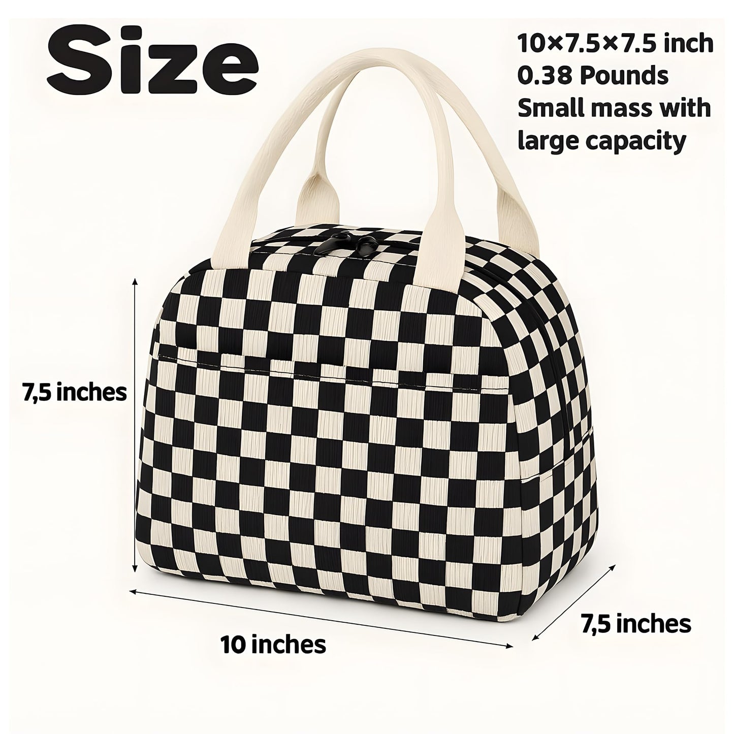 Corduroy Insulated Lunch Tote with Front Pocket for Women & Men Leakproof Reusable Meal & Food Bag, Large Capacity for Office, Picnic & Travel Checkered Black