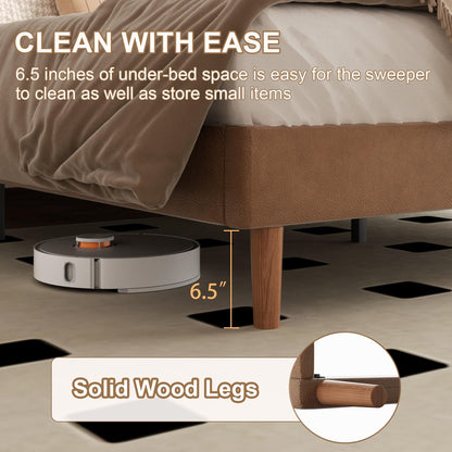 Sismplly King Size Upholstered Bed Frame with Adjustable Headboard, Faux Leather Platform Bed with Wood Slats, Lychee Grain Leather, No Box Spring Needed, Easy Assembly, Noise Free, Brown