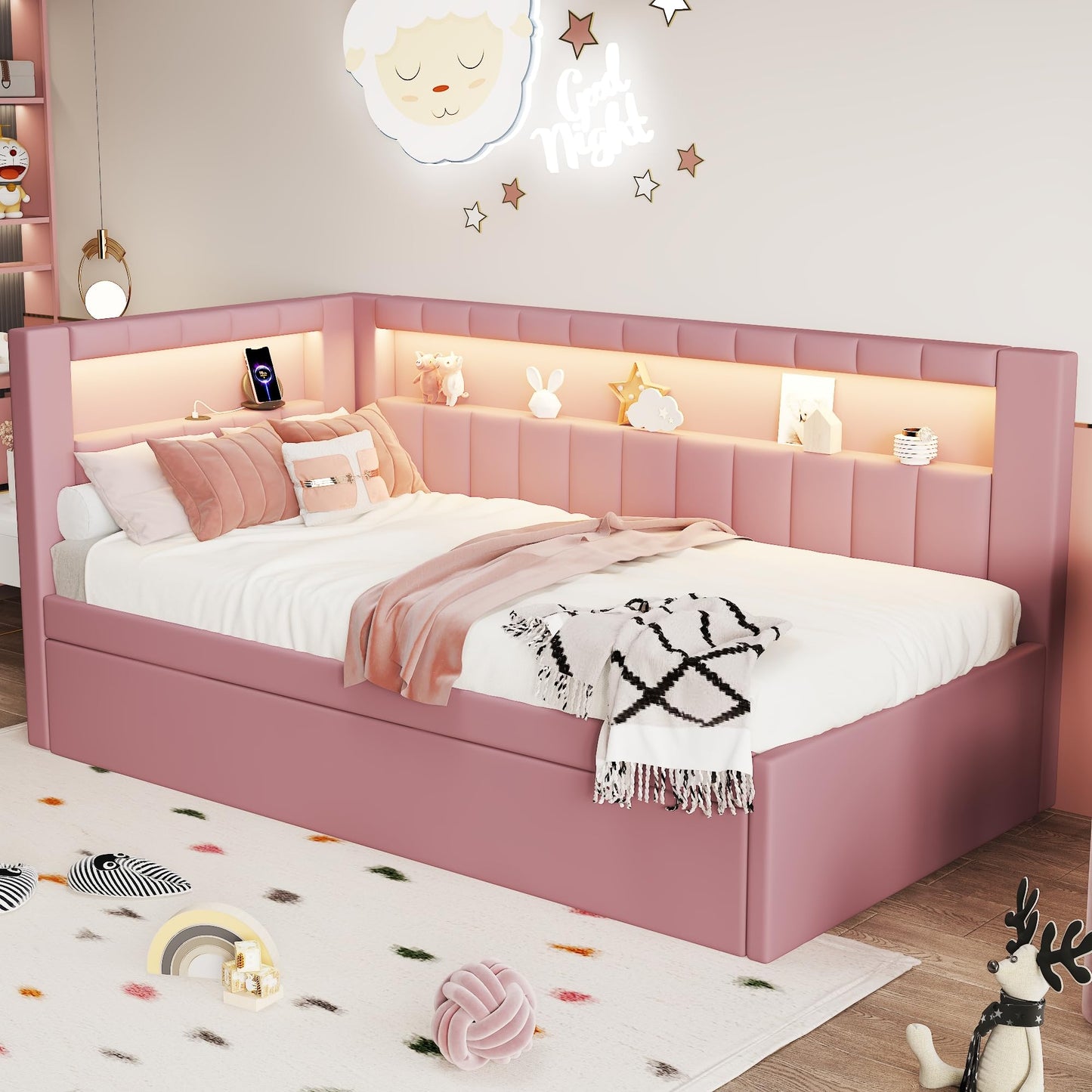 Bellemave Twin Size Upholstered Daybed with Trundle and USB/LED Belt, Corner Bed with Trundle. L-Shape daybed for Bedroom Living Room, Pink（Linen）