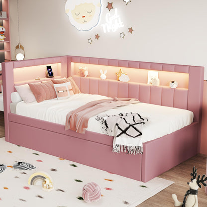 Bellemave Twin Size Upholstered Daybed with Trundle and USB/LED Belt, Corner Bed with Trundle. L-Shape daybed for Bedroom Living Room, Pink（Linen）