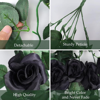 RECUTMS 4 Pieces Artificial Hanging Rose Flower 3.3Ft with 30 LED Fairy String Lights for Indoor Outdoor Wedding (Black)