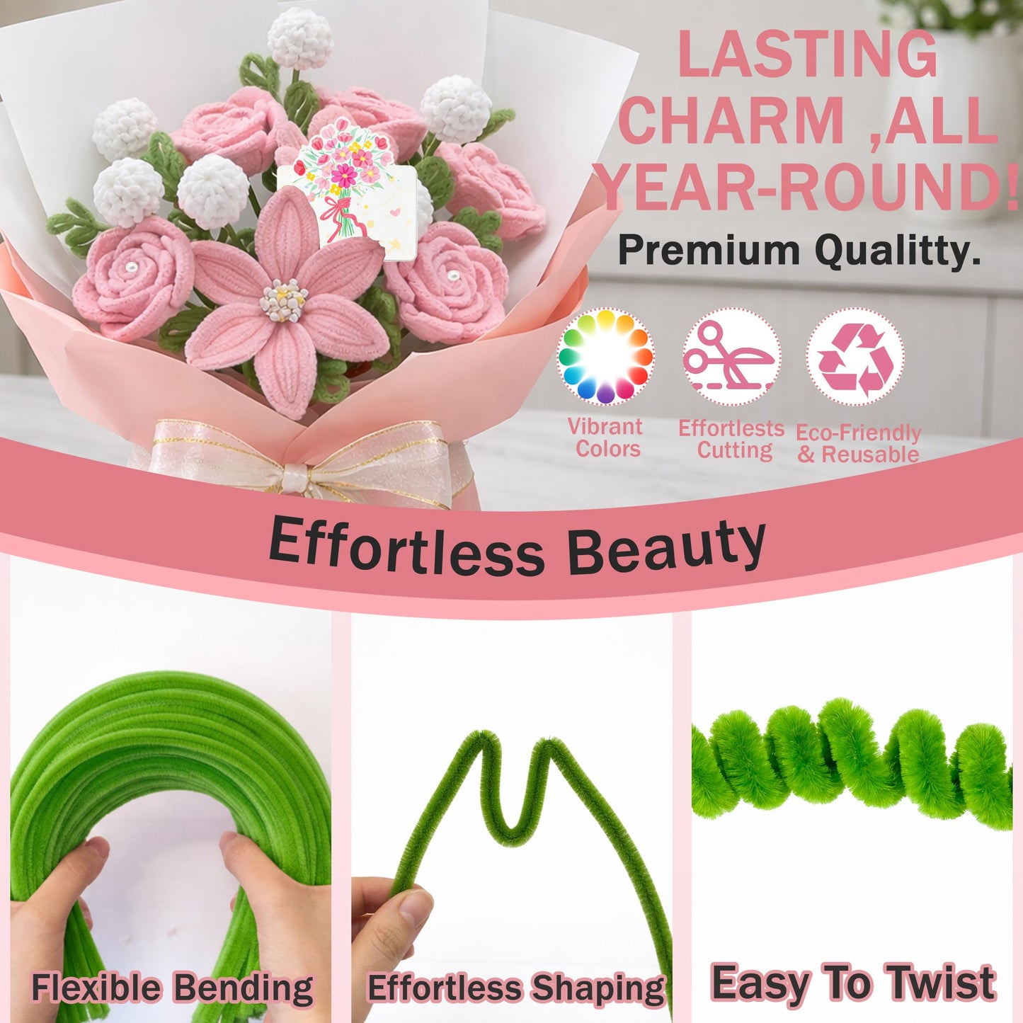 Party Rose 650PCS Pipe Cleaners Craft, Pipe Cleaner Bulk Flower Kit, 6 Colors Chenille Stems Flower Making Kit with Floral Wires, Gardening Tape, Stamens