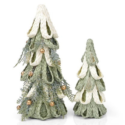 2PCS Hand Woven Christmas Tree Decor, Set of 11.8 Inch and 8.3Inch Tabletop Trees with Golden Berries, Farmhouse Winter Decor for Centerpiece, Mantel, Holiday Home Decorations
