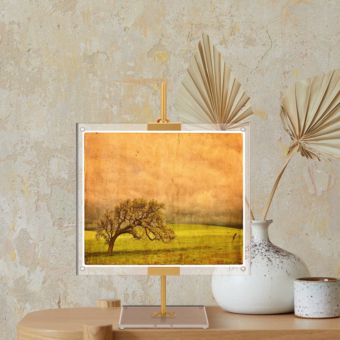 RattanView Adjustable Metal Easel Stand with Acrylic Floating Photo Frame 16.5" Tabletop Metal Standing Easel Display Stand for Display Picture, Frame, Photos, Art, Poster, Signs(Gold,Acrylic Base)
