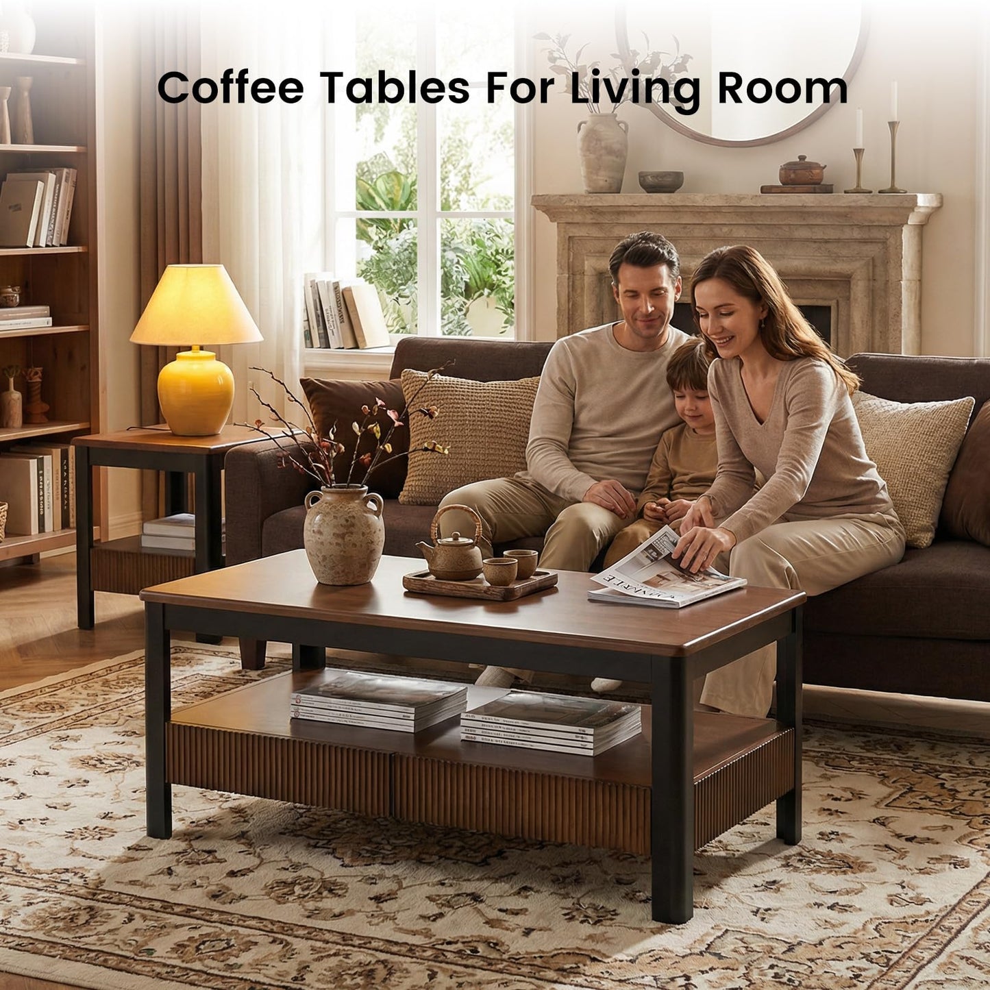 39.4" Walnut Solid Wood Coffee Table for Living Room,Mid Century Modern Real Wooden Fluted Coffee Table with 2 Drawers & Open Shelf Storage for Home Office,Oak Rectangle