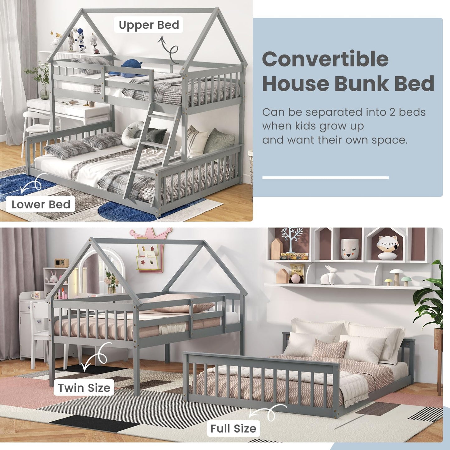 KOMFOTT Wood Twin Over Full House Bunk Bed with Built in Ladder, Solid Pine Wood Bunk Bed Frame with Safety Guardrails, House Bunk Bed Frame for Kids, Teens, Juniors, No Box Spring Needed (Grey)