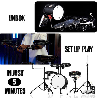 Beatello Jungle Pad Compact Portable Adult 5pc Drum Set, 1.5 inches ultra-thin steel drum Cavity,14 Inches Complete Full Size Kit with Bass Drum, Designed for the mobile musician