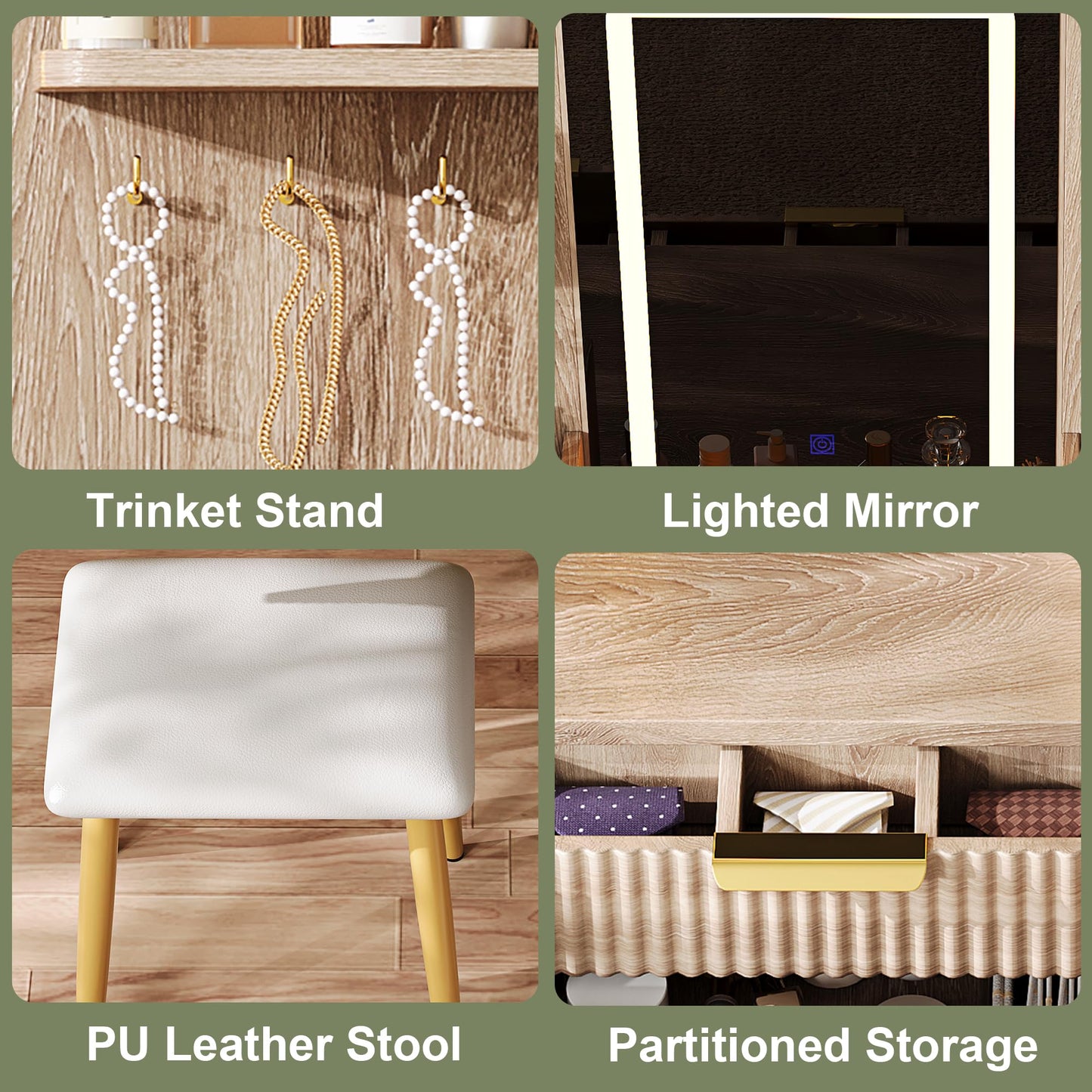 KEIKI 7-Drawer Vanity Desk with LED Mirror & Carved Details, Fluted Makeup Vanity Set with Metal Legs and PU Stool, Dressing Table with Jewelry Storage & 3 Lighting Colors for Bedroom, Yellow Brown