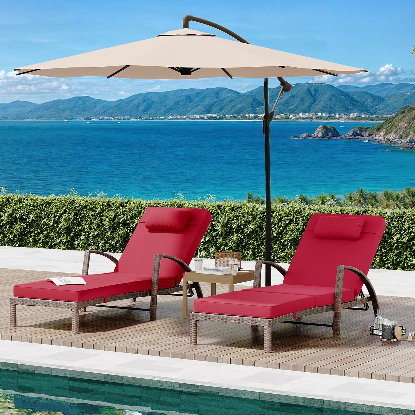 GarveeLife 2-Piece Rattan Patio Folding Chaise Lounge, 5-Position Adjustable Backrest Outdoor Lounge Chair with Cushion and Pillow for Poolside, Backyard, Deck, Porch, Red