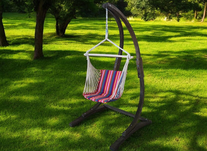Petra Leisure 7 Ft. Wooden Arc Chair Stand with Hanging Chair - Cozy Swing for Home & Garden Relaxation. 265LB Weight Capacity (Coffee Stain + Red Stripe)