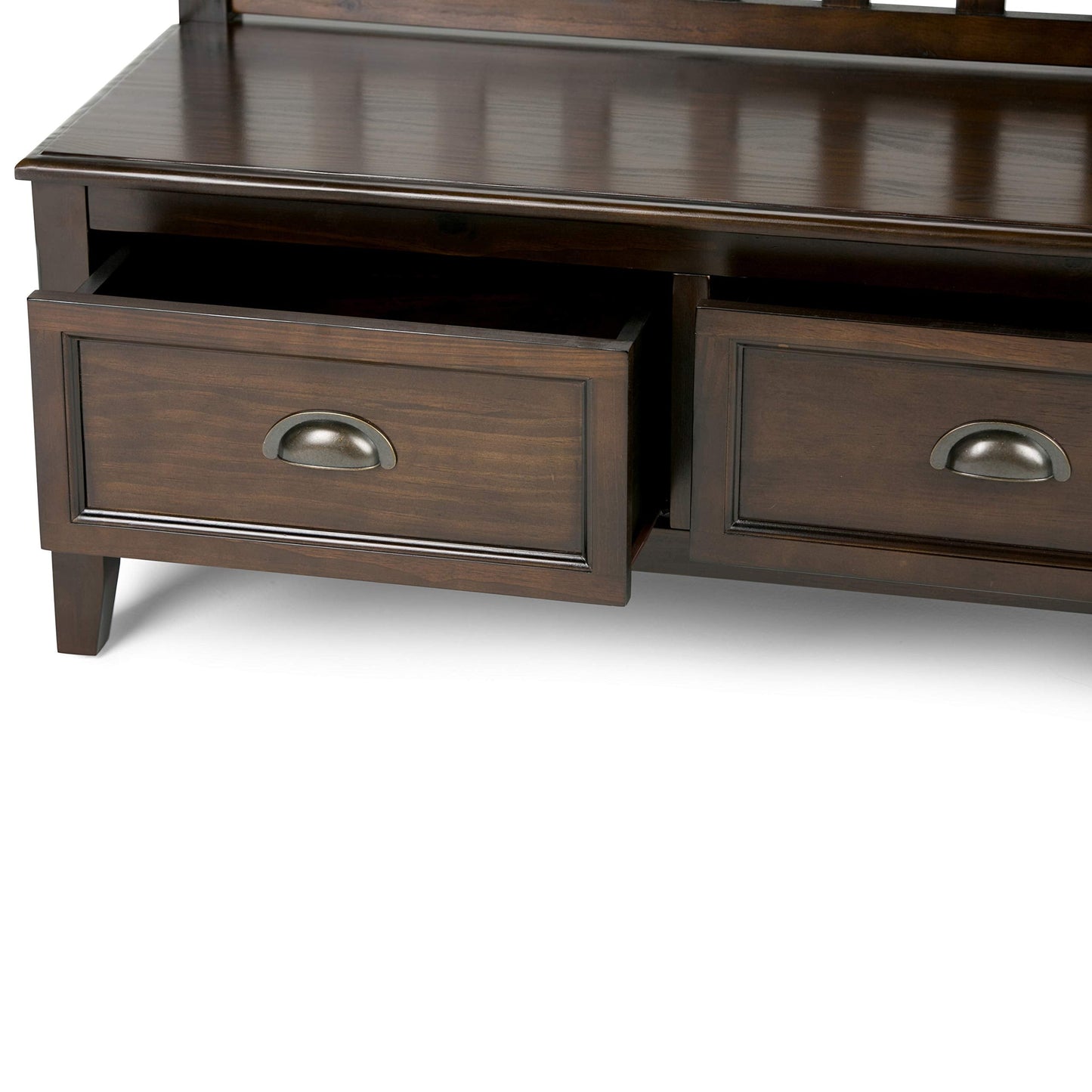 SIMPLIHOME Burlington Entryway Storage Bench - 42 inch Wide Solid Wood Storage Seat with Drawers in Mahogany Brown, Transitional Bench for Entryway or Living Room with Bronze Handles and Tapered Legs