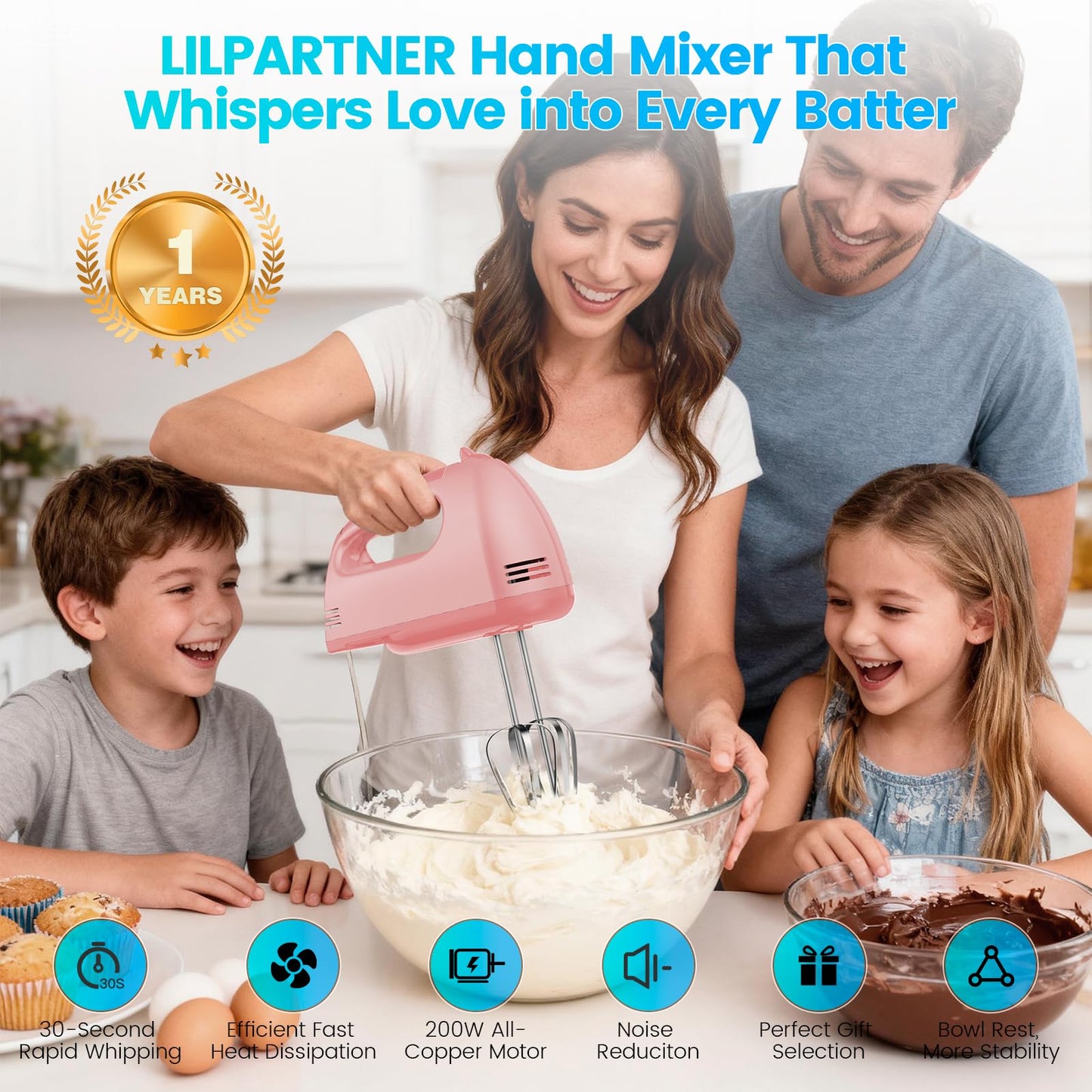 LILPARTNER Hand Mixer Electric, Small Food Mixer 7 Speeds Handheld Blender, 304 *(2* Beater, 2*Dough Hook) Kitchen Blender for Cream, Cookies, Dishwasher Safe