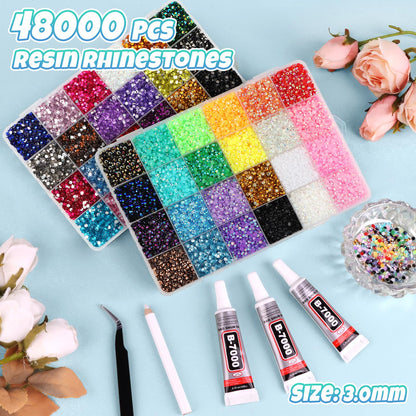 Kalolary 48000Pcs 48 Colors Resin Jelly Rhinestones Kit for Bedazzling,3MM Resin Flatback Gems Bedazzling Kit with B7000 Glue &Tools Bedazzler Kit with Rhinestones for Shoes Book Nail Art DIY Crafting