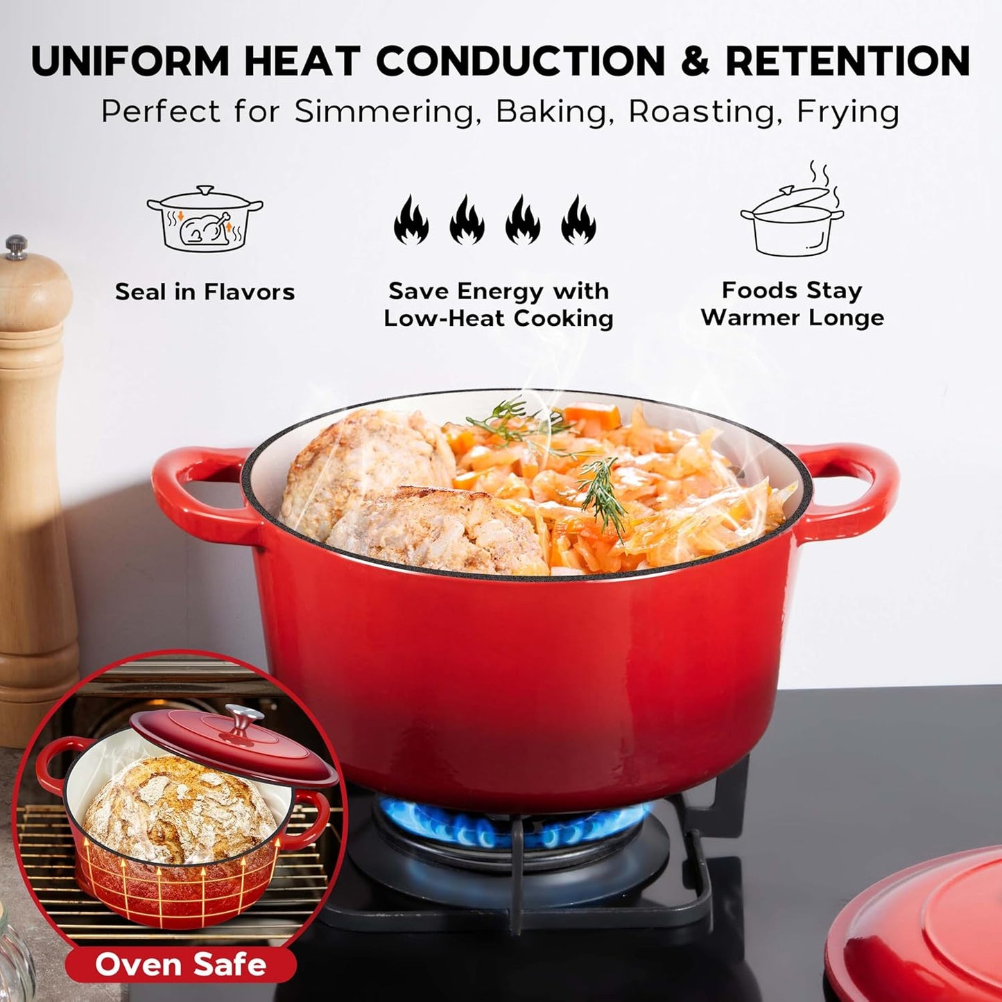 5QT Onader Enameled Cast Iron Dutch Oven, Round Dutch Oven Pot with Lid for Sourdough Bread Baking - Red