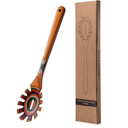LEHAHA 13'' Wooden Pasta Spaghetti Spoon with Teeth, Pakkawood Fork Serving Utensil, Pastas Spatula Kitchen Tool, Slotted Pasta Spaghetti Strainer Spoon for Cooking Serving, Stirring & Serving Noodles
