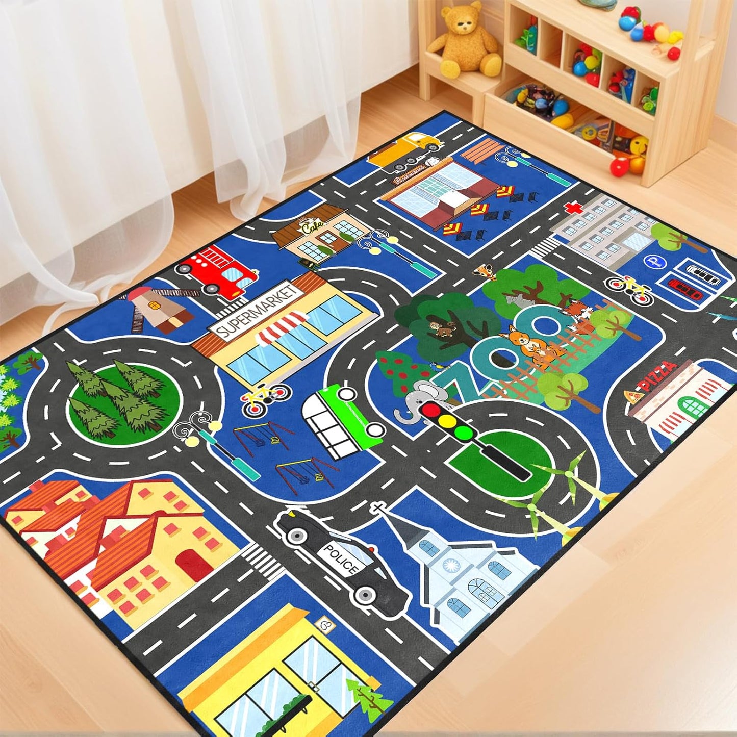 4.5x6 Road Rug for Kids - Car Rug Play Mat for Boys Room, Blue Road Carpet Playmat Fun Race Track Car Carpet for Kids