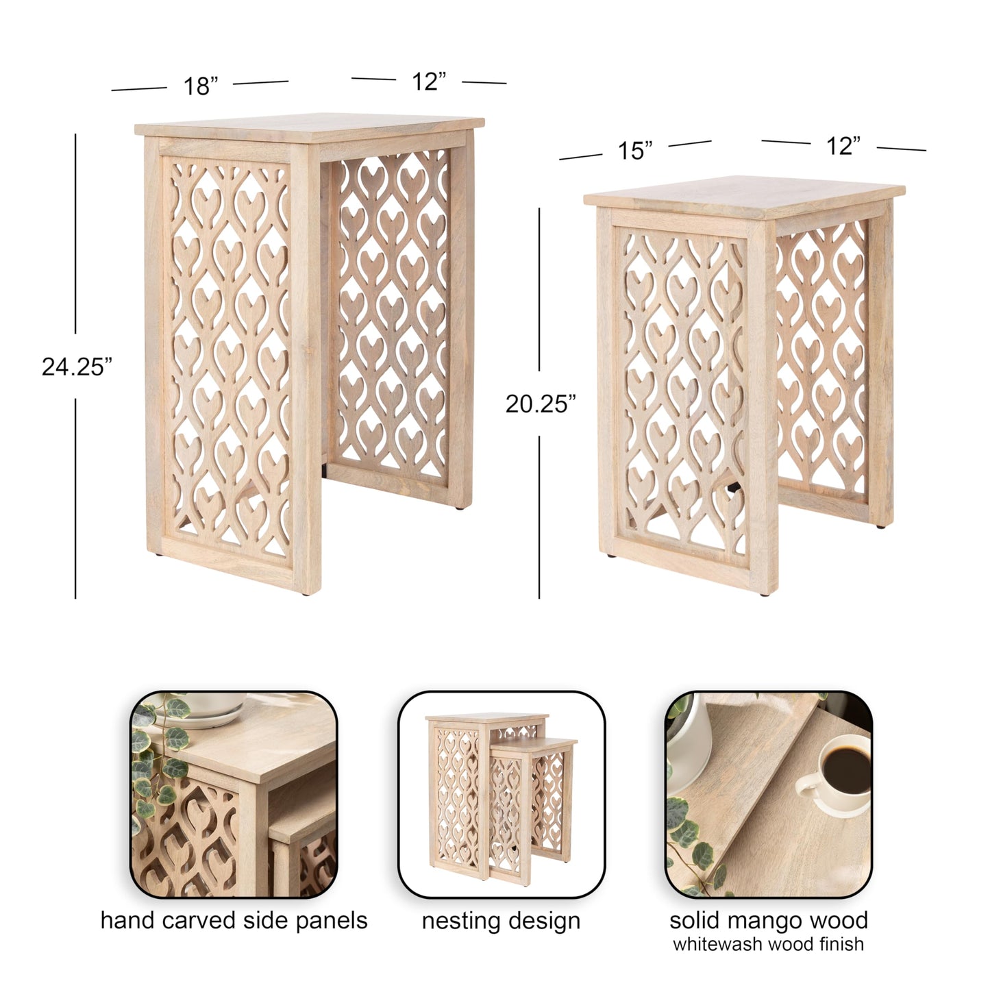Kate and Laurel Karni Modern Mango Wood Living Room Nesting Tables, Set of 2, Whitewash, Decorative Coastal Solid Wood End Tables for Use as Bedroom Nightstands or Entryway Decor Accents