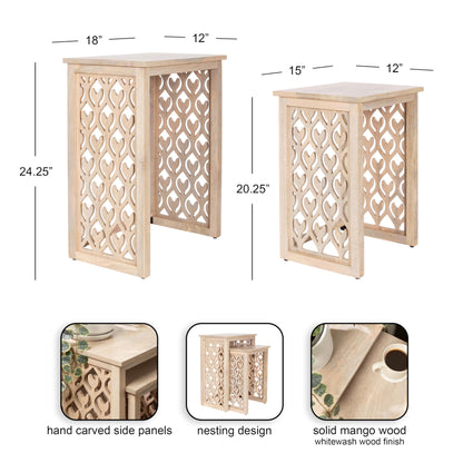 Kate and Laurel Karni Modern Mango Wood Living Room Nesting Tables, Set of 2, Whitewash, Decorative Coastal Solid Wood End Tables for Use as Bedroom Nightstands or Entryway Decor Accents