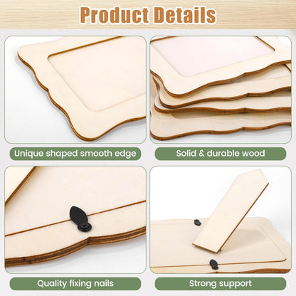 Fovths 12 Pcs Wooden Picture Frames, 7.5" x 5.5" Unfinished Wood Photo Frames with Stand, DIY Wooden Craft Frame with Stickers Painting Tools for Craft Paint and Decorate, Tabletop Display