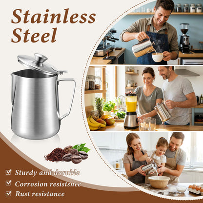 Acellegic 2 Pcs 67 oz/ 2 L Stainless Steel Pitcher with Lid Large Capacity Stainless Steel Metal Water Pitcher with Handle Milk Frothing Jug for Coffee Iced/Hot Tea Latte Art Homemade Beverages