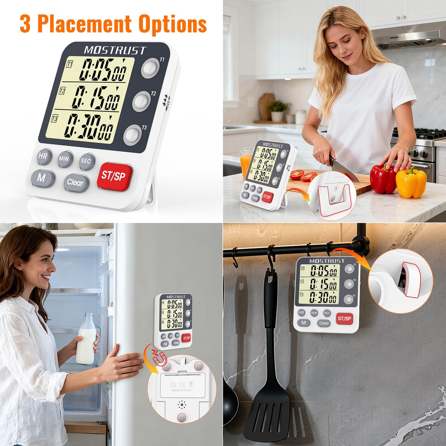 MOSTRUST Digital Dual Kitchen Timer, 3 Channels Countdown Triple Timer for Cooking, Magnetic Memory-Preset Large Display Adjustable Alarm Volume, Multi Times Management, 3A Battery Included, White