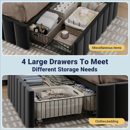 Allewie King Size Platform Bed Frame with 4 Large Storage Drawers, Velvet Vertical Channel Tufted Upholstered Bed Base, Wooden Slats Support, Noise-Free, No Box Spring Needed, Easy Assembly, Black