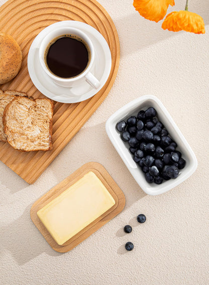 Sweese Butter Dish with Lid, Large Porcelain Keeper with Beech Wooden Lid for Countertop, Perfect for East and West Coast Butter, White