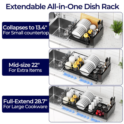 Pantasia Large Dish Drying Rack, Expandable Dish Rack for Kitchen Counter, Dish Drainer with Drainboard Set, Multifunctional Dishrack with Utensil & Cup Holder, 13.4"-28.7" L x 11.8" W x 7.8" H, Black