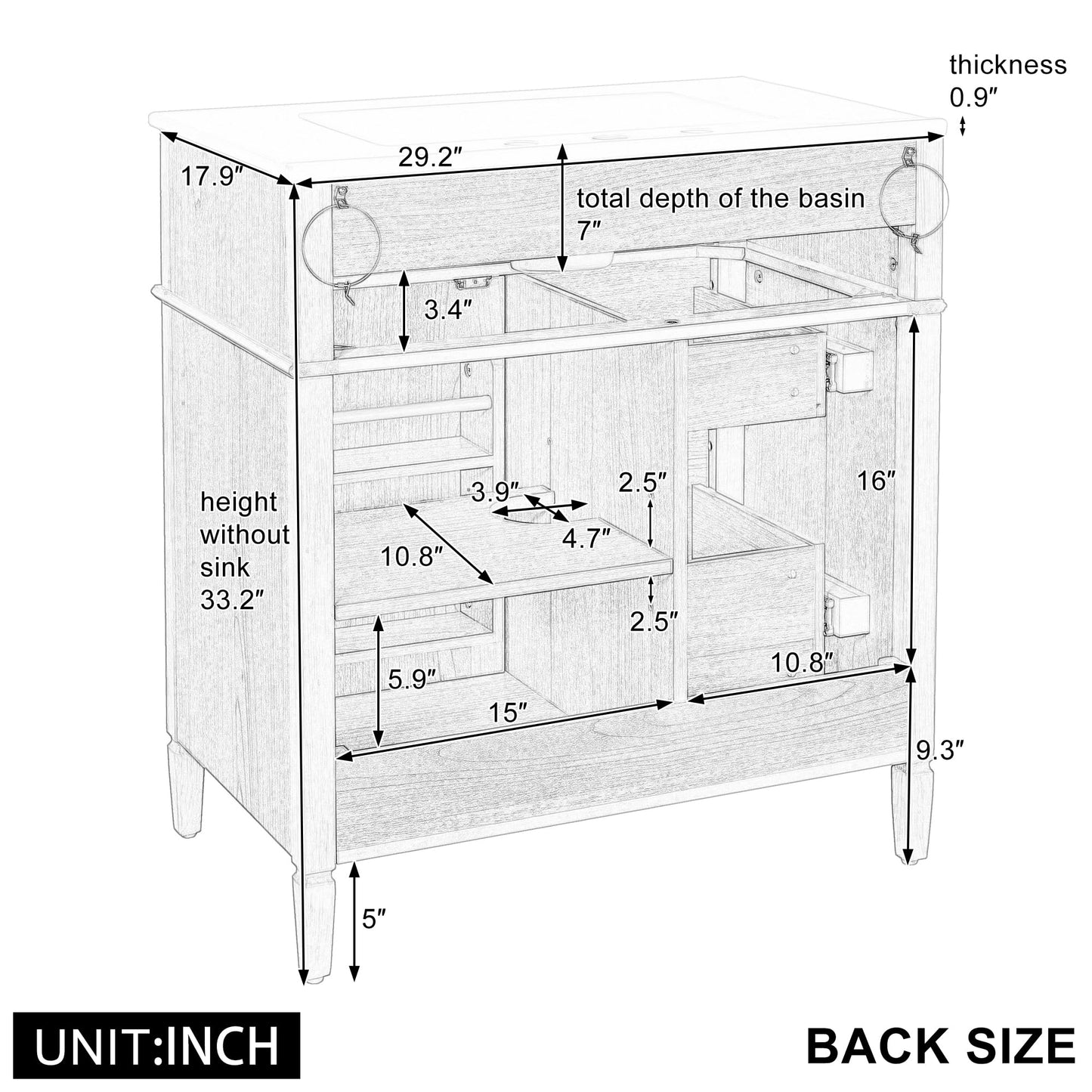 Bathroom Vanity with Sink 30 Inch, Tip-Out Drawer and Door Rack, Adjustable Shelf, Soft-Closing System, Solid Wood Legs, Wood