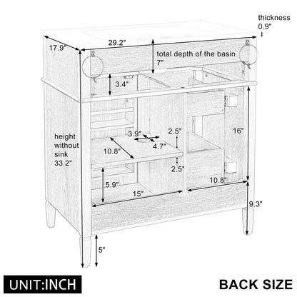 Bathroom Vanity with Sink 30 Inch, Tip-Out Drawer and Door Rack, Adjustable Shelf, Soft-Closing System, Solid Wood Legs, Wood