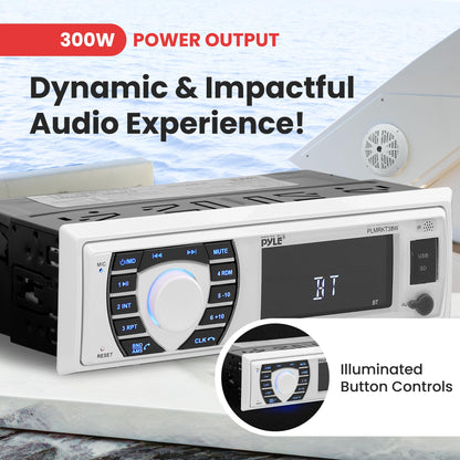 Pyle Marine Radio Receiver Speaker Set 12v Single Din Style Bluetooth Compatible Waterproof Digital Boat In Dash Console System with Mic 4 Speakers, Remote Control, Wiring Harness PLMRKT38W (White)