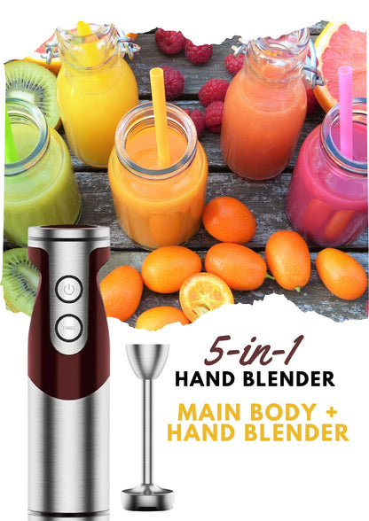 MegaWise Pro Titanium Reinforced 3-in-1 Immersion Corded Hand Blender, Powerful MOTOR with 80% Sharper Blades, 12-Speed Corded Blender, IncludingWhisk and Milk Frother (3-in 1 Red)