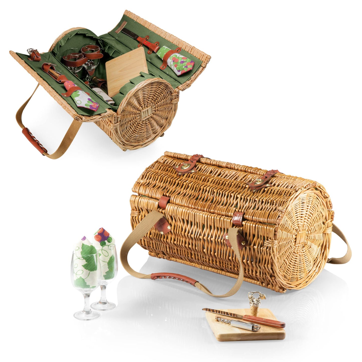 PICNIC TIME Verona Wine & Cheese Picnic Basket, Romantic English-Style Rounded Wooden Wicker Basket with Deluxe Service for 2, Fully-lined Interior and Handwoven, (Pine Green)