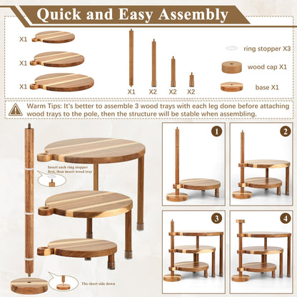GEHE 3 Tier Round Cupcake Stand, 360° Rotatable Acacia Wood Cake Stand Cupcake Tower, Rustic Wooden Tiered Dessert Table Display Set, Tiered Tray Stands for Birthday, Wedding Party (12-10-8 IN)
