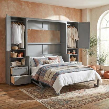 Merax Queen Size Murphy Bed with Desk, Multifunctional Foldable Wall Bed with Closet, Drawers and Shelves, Space-Saving Wood Platform Bed Frame for Small Spaces Studio Study Office Guest Room, Gray