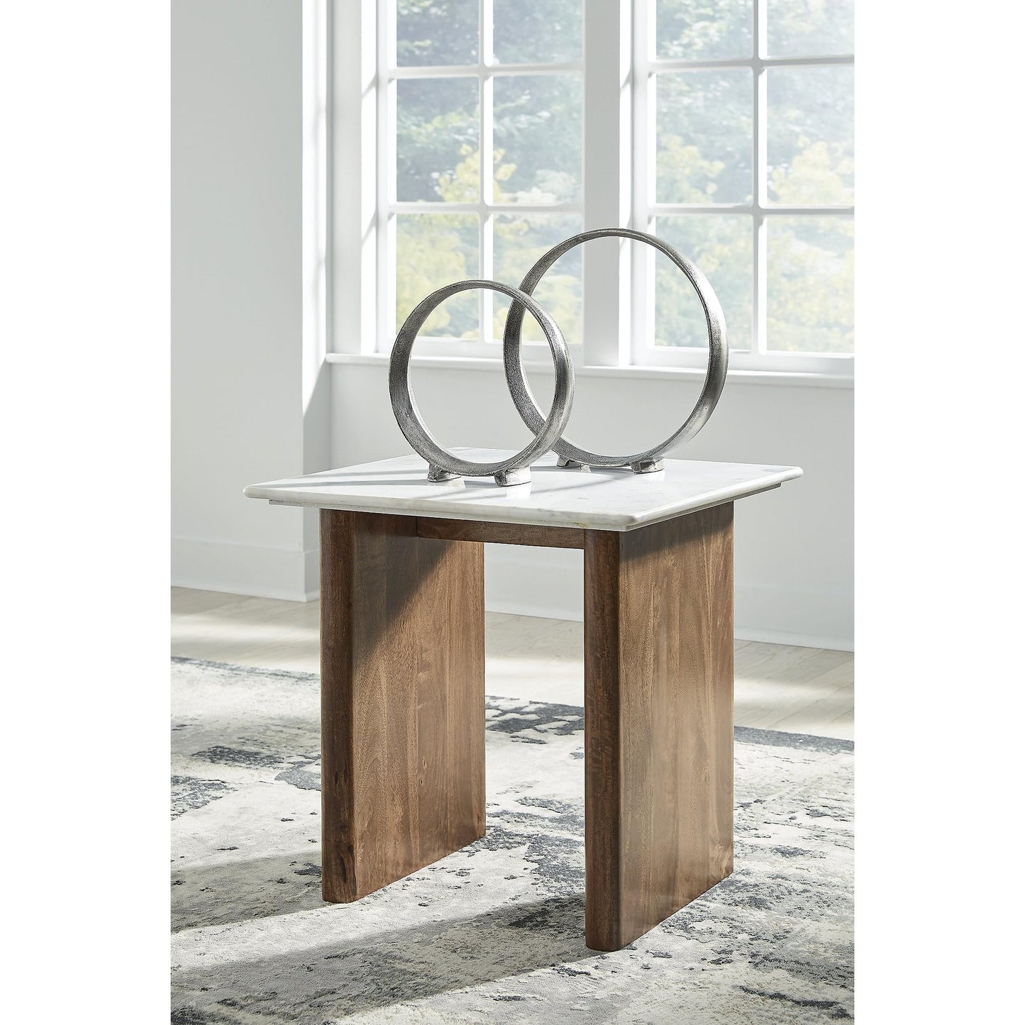 Signature Design by Ashley Isanti Modern End Table with Marble Top, White & Light Brown