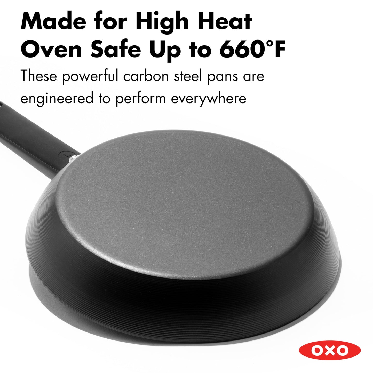 OXO Obsidian Pre-Seasoned Carbon Steel, 8" Frying Pan Skillet with Removable Silicone Handle Holder, Induction, Oven Safe, 1.8 Liters, Black