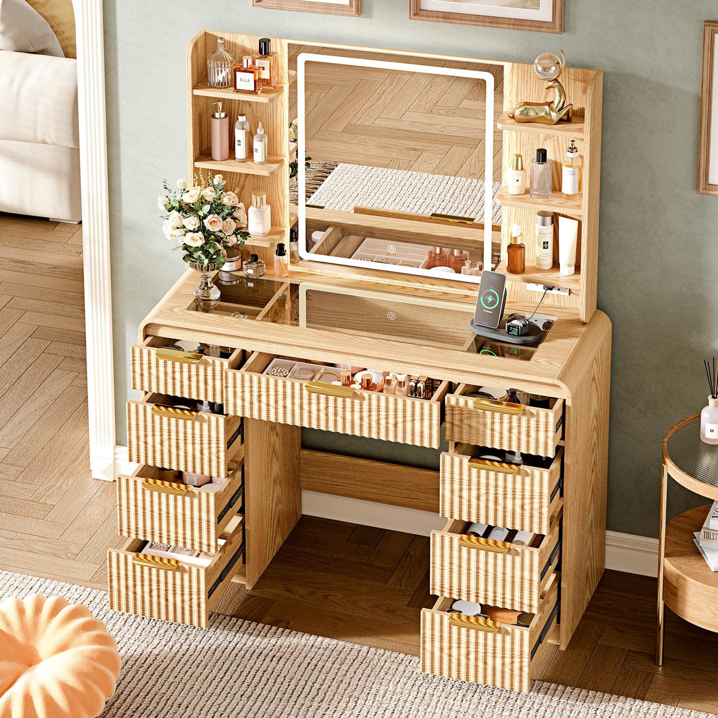 GRUTEUNIT 43" Makeup Vanity Desk with Mirror and Lights&Power Outl, 3 Adjustable Light Color,Glass Top Big Vanity Table with 9 Drawers & 6 Shelves,Girls Vanity for Bedroom, Oak