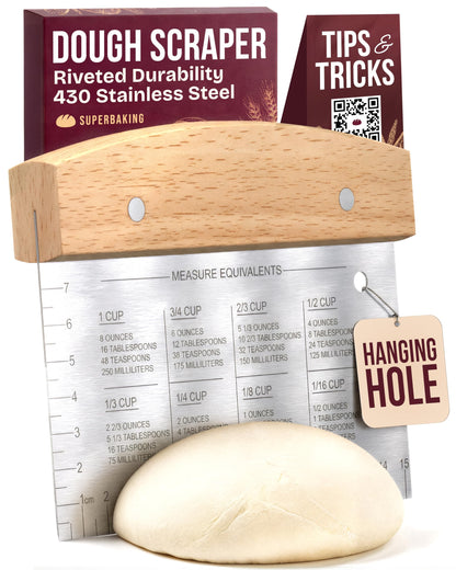 Superbaking Dough Scraper - 6" Wooden Bench Scraper - Dough Cutter with Ruler - Pastry & Cake Scraper - Kitchen Tools Sourdough Baking Supplies - Bread Making Tools & Accessories for Home Bakers