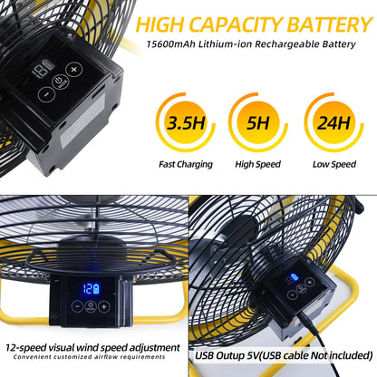 JONFLYER 12 Inch Portable Battery Operated Floor Fan, Rechargeable High-Velocity Cordless Fan with 12 Speed 360° Adjustable Tilt Quiet for Camping, Outdoor, Gazebo, Greenhouse, Gym, Garage