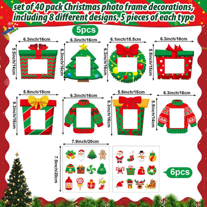 Tioncy 40 Pack Christmas Picture Frame Ornaments DIY Craft Box Set with Stickers DIY Photo Frame Hanging Xmas Picture Ornaments for Tree Window Holiday Party Decor