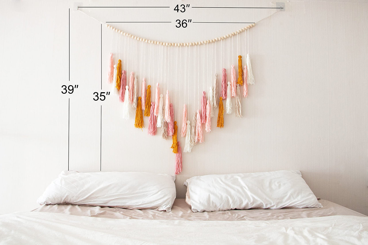 Decocove Macrame Wall Hanging - Large Macrame Wall Hanging with Wood Beads - Bohemian Wall Decor for Bedroom, Living Room and Kitchen - Pink and Gold- 35'' x 36''