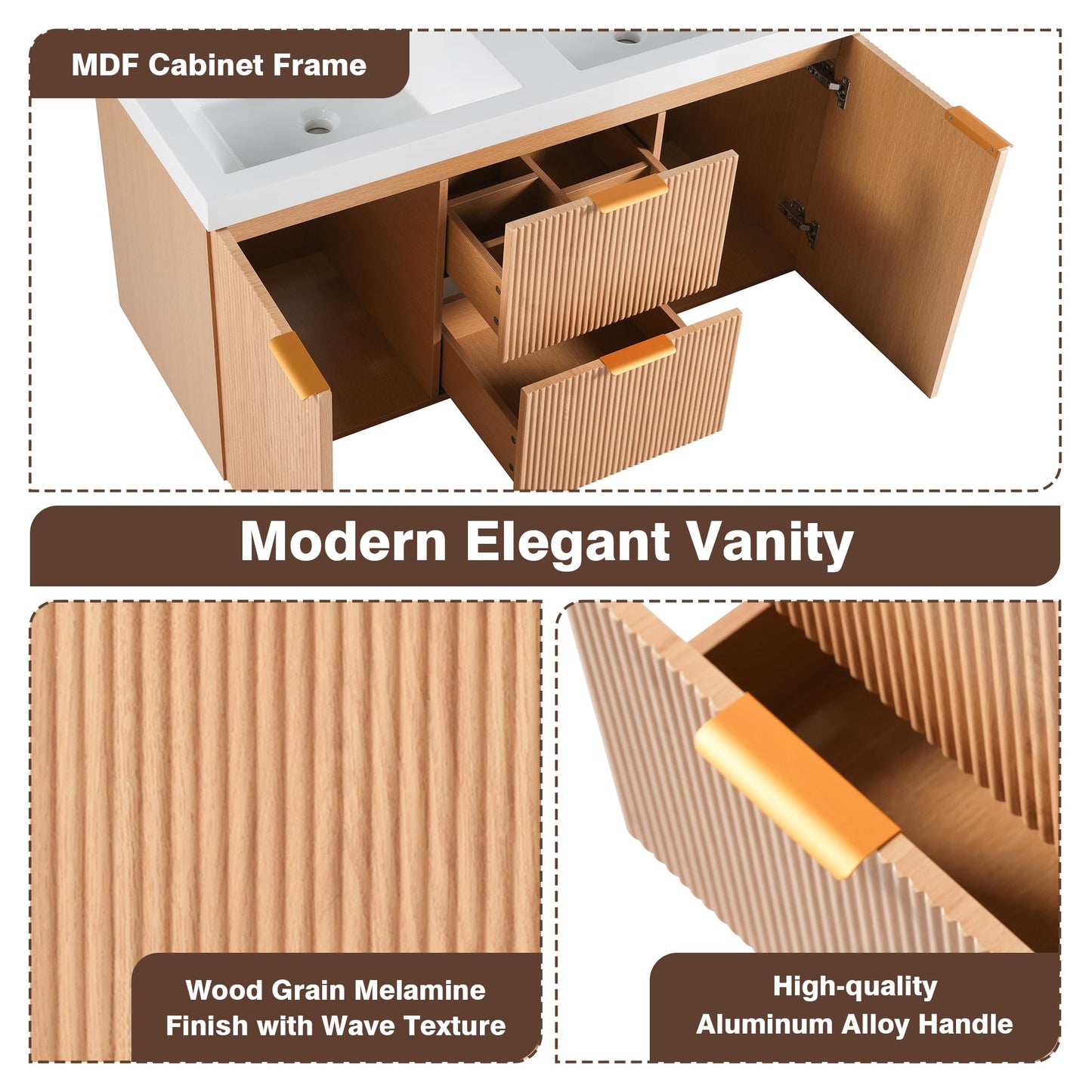 Merax 47.24" Wall-Mounted Double Sink Bathroom Vanity with SMC Countertop, Modern Two Integrated Sinks, Soft-Close Doors & Divided Drawers, Wood Grain Melamine Finish for Shared Bathroom