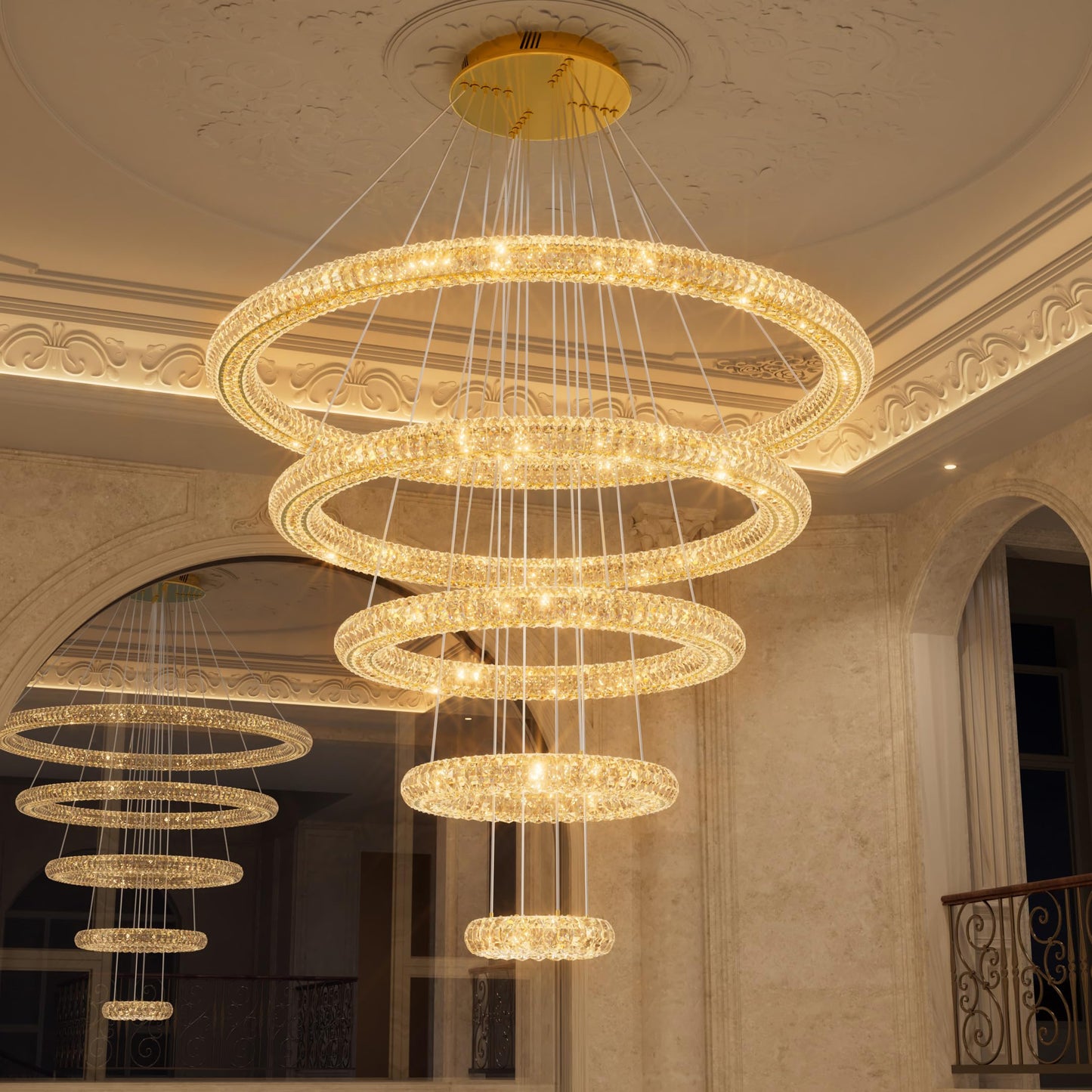 IDEQUY Large Gold Ring Chandelier for High Ceiling Modern Long Crystal Chandelier Lighting, Dimmable LED Ceiling Chandeliers,5 Ring D8‘’+15.7‘’+23.6‘’+31.5‘’+39.4''