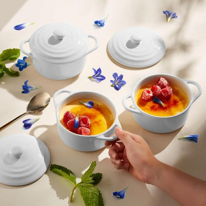 Kook Mini Cocotte Set - Small Ceramic Casserole Dishes with Lids | Oven & Microwave Safe, 12 oz, Set of 4 (Swiss White)